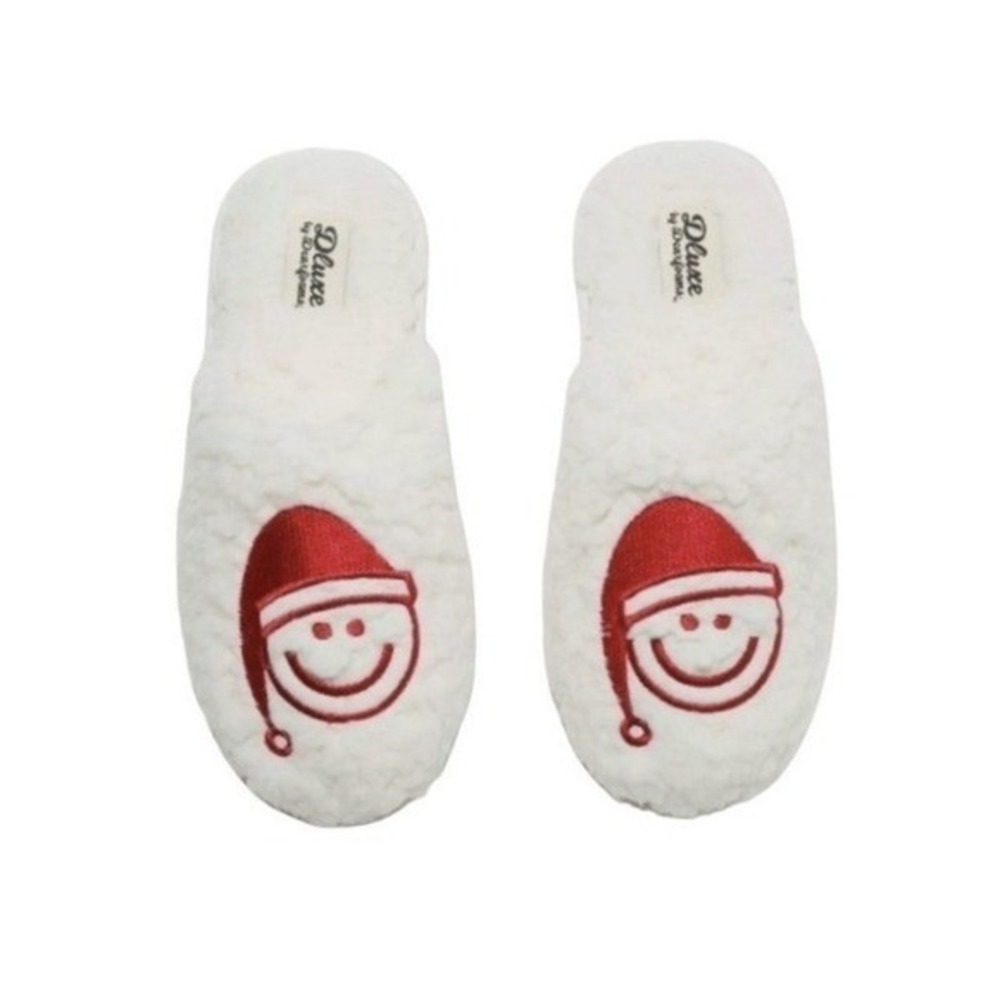 Dearfoams dluxe Santa Emoji Hat Sherpa Slippers Cream‎ Red Slide L 9-10